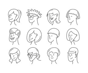 human face avatars set doodle line illustration