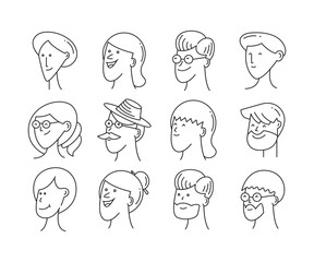 human face avatars set doodle line illustration