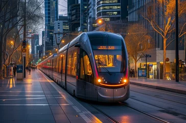Foto op Plexiglas an electric train traveling down a city street at dusk with its lights on © Wirestock