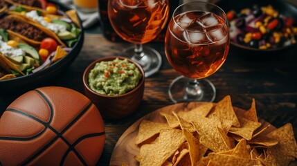 AI generated illustration of tortillas, guacamole, and nachos near basketball