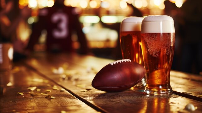 AI generated illustration of two pints of ice cold beer on top of table with a football next to them