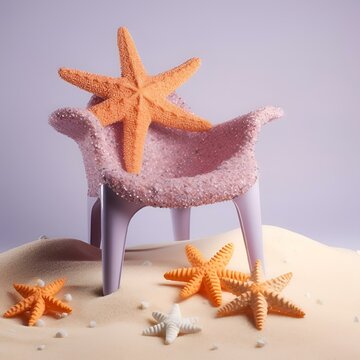 pink chairs covered with small starfishs and sand on a white table
