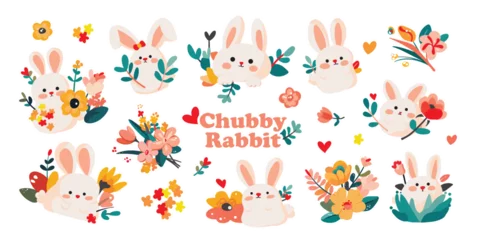 Fotobehang A pack of Chubby rabbit sticker collection. Set of isolated cute rabbits with flowers in colorful colors on transparent background. Cute doodle illustration with thick white offset outline. © Plawarn