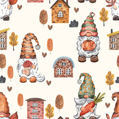 Gnomes and autumn leaves, houses. Seamless pattern. Watercolor illustration
