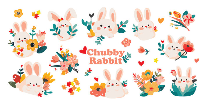 A pack of Chubby rabbit sticker collection. Set of isolated cute rabbits with flowers in colorful colors on transparent background. Cute doodle illustration with thick white offset outline.