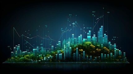 AI generated illustration of trees and a graph rising with buildings - obrazy, fototapety, plakaty