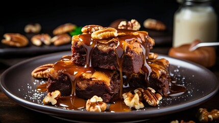 Plate with freshly-baked, gooey brownies with melted caramel and nuts. AI-generated. - obrazy, fototapety, plakaty