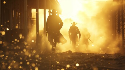 AI generated illustration of a cinematic scene of gunslingers in a showdown in an alley - obrazy, fototapety, plakaty