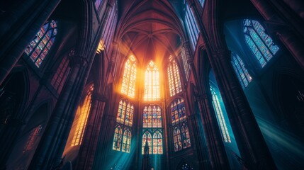 AI generated illustration of sunlit interior of an ancient Gothic cathedral - obrazy, fototapety, plakaty