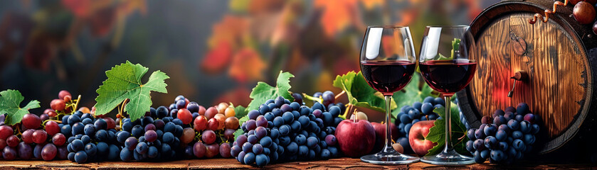 Autumnal Wine Tasting Setup with Fresh Grapes - obrazy, fototapety, plakaty