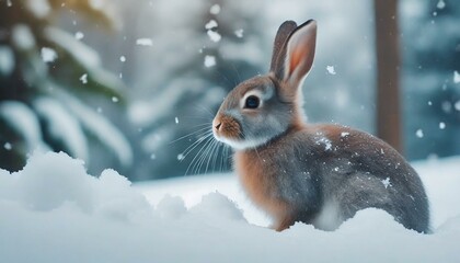 AI generated illustration of a cute bunny perched in a snowy landscape - obrazy, fototapety, plakaty