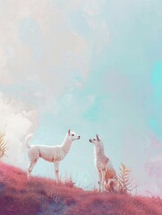 Brave dog and llama, side by side in a minimalist Fantasia setting, soft pastel background, low angle, peaceful and bold