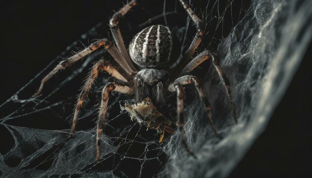 AI generated illustration of a close-up of spider perched on intricate spiderwebs