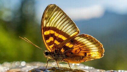 AI generated illustration of a butterfly with orange stripes perched on rain-soaked rock