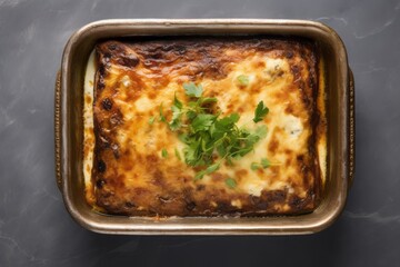 Refined moussaka on a marble slab against an antique mirror background