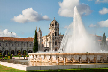 Old Mosteiro dos Jeronimos with fountain, Lisbon, Portugal - obrazy, fototapety, plakaty