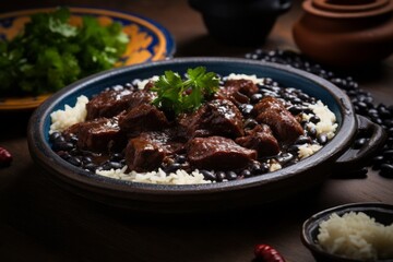 Delicious feijoada on a ceramic tile against an antique mirror background