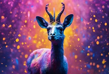 an animal with long horns in the background of bright lights