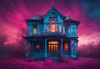a blue house with pink and blue smoke coming out of it - obrazy, fototapety, plakaty