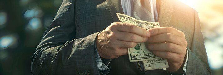 Bankrupt Man Counts Money Up Close  - obrazy, fototapety, plakaty
