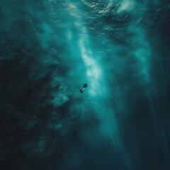 AI generated illustration of a man swimming underwater towards camera in murky depths