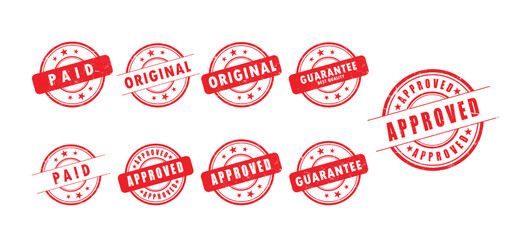 The design of the round stamps of quality, paid, original, and approved. Stamps to designate a quality product, paid, original. Vector illustration.  set of different stamps. 