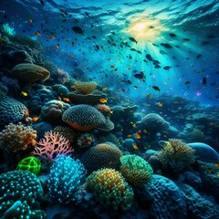AI generated illustration of a colorful coral reef teeming with vibrant fish and orange corals