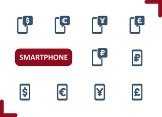 Smartphone Icons. Mobile Phone, Telephone, Money, Online Banking, Dollar, Euro, Yen, Pound, Ruble Icon