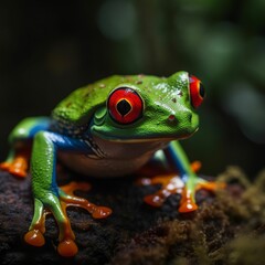 Fototapeta premium AI generated illustration of aa red-eyed tree frog perched atop a bed of lush green foliage