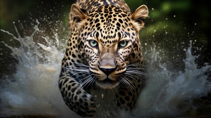 AI generated illustration of an African leopard running through a shallow body of water