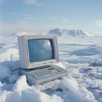an old computer on ice with a small screen showing a view