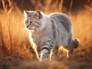 Naklejka na ściany i meble AI generated illustration of a gray striped furry cat strolling through a grassy field on the sunset