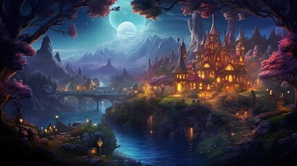 AI generated illustration of an Idyllic nightscape with a majestic castle in a picturesque forest - obrazy, fototapety, plakaty