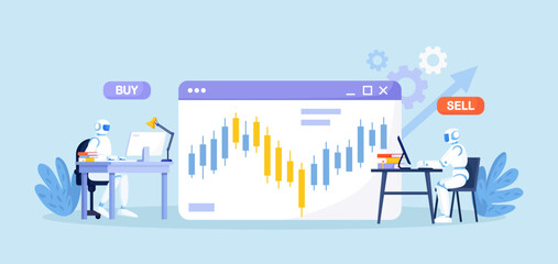 Artificial intelligence, robot trader. Trading bot analyze cryptocurrency market data, financial exchange, earning profit. AI for automation trading on stock market
