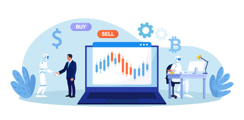 Artificial intelligence, robot trader. Trading bot analyze market data, financial exchange, earning profit. AI for automation trading on stock market. Digital currency market transactions