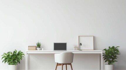AI generated illustration of an office space with a white desk and some plants on it
