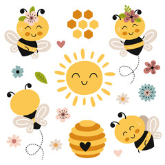 set isolated with cute happy bees, sun, flowers - 779569341