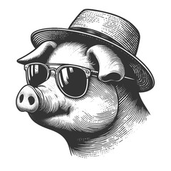 pig wearing sunglasses and a cap in detailed style sketch engraving generative ai fictional character raster illustration. Scratch board imitation. Black and white image.