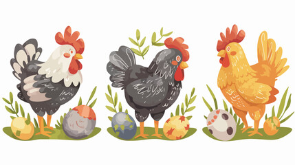 Cute Chicken bird set. Hen sitting on eggs in hen coo - obrazy, fototapety, plakaty