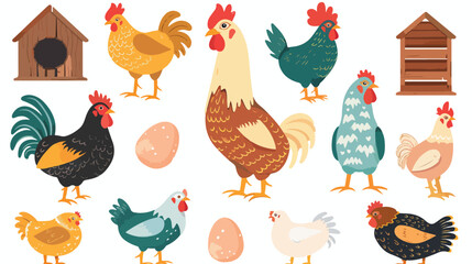 Cute Chicken bird set. Hen sitting on eggs in hen coo - obrazy, fototapety, plakaty