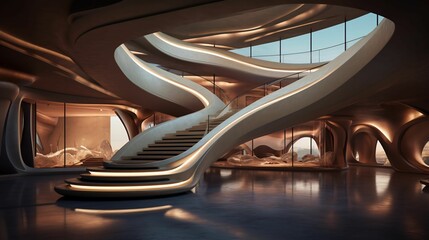 AI generated illustration of a staircase inside of a building lit by lights