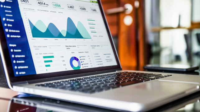 A laptop displaying graphs and analytics data on its screen, indicating financial, performance, or website metrics analysis.