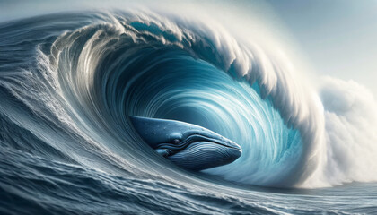 AI generated illustration of a blue whale encapsulated within a towering wave