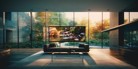 AI generated illustration of a spacious room featuring a massive flat-screen television