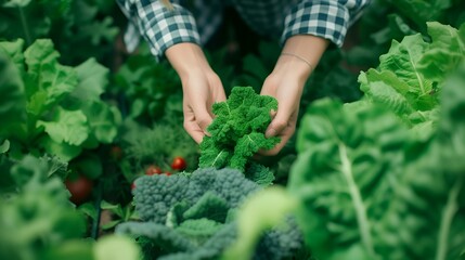 AI generated illustration of a woman in plaid shirt collecting fresh vegetables from her garden - obrazy, fototapety, plakaty