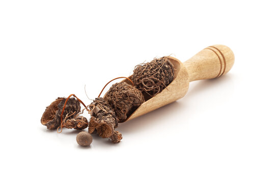 Front view of a wooden scoop filled with Organic Varahikanda (Dioscorea bulbifera) fruit. Isolated on a white background.