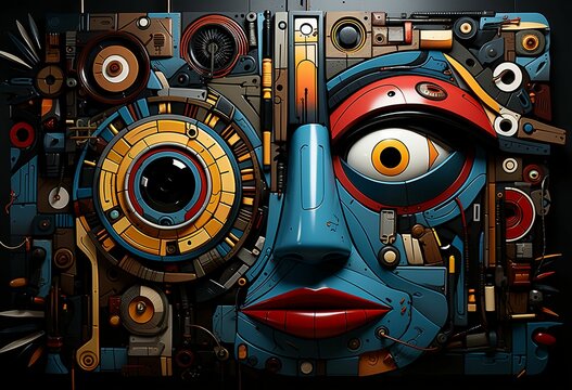 AI generated illustration of an antique mechanical face with an eye-catching abstract design