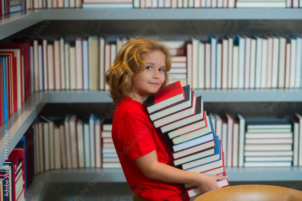 Aufkleber knowledge day. school kid pupil studying in school library. child reading book in library on bookshe