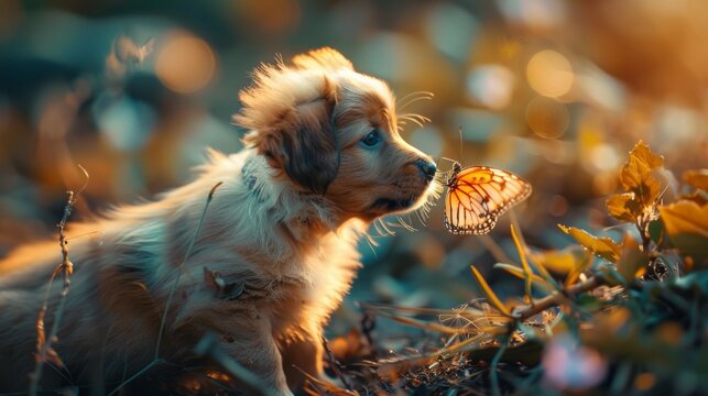 Butterfly and puppy close-up. Detailed photo of animal friendship