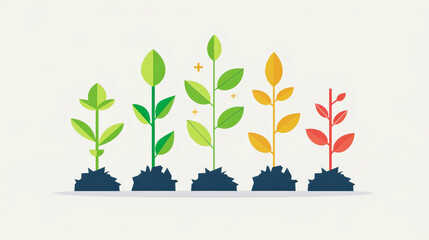 Illustration of plant growth stages, showing progression from a sprout to a mature plant with leaves changing colors as it grows.
